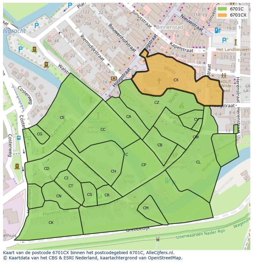 Afbeelding van het postcodegebied 6701 CX op de kaart.