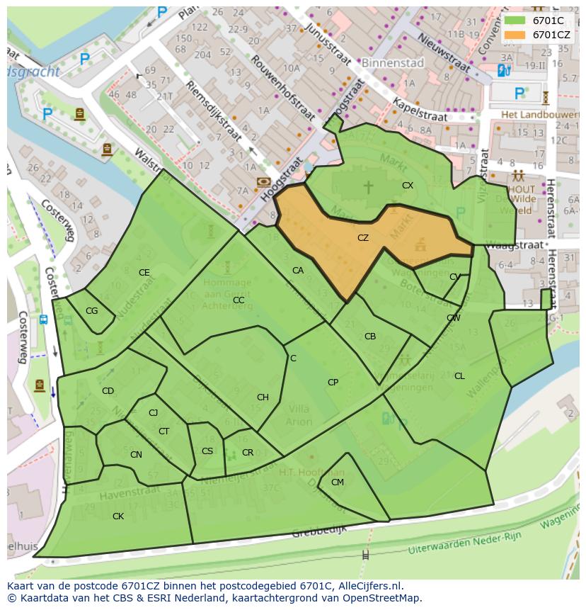 Afbeelding van het postcodegebied 6701 CZ op de kaart.