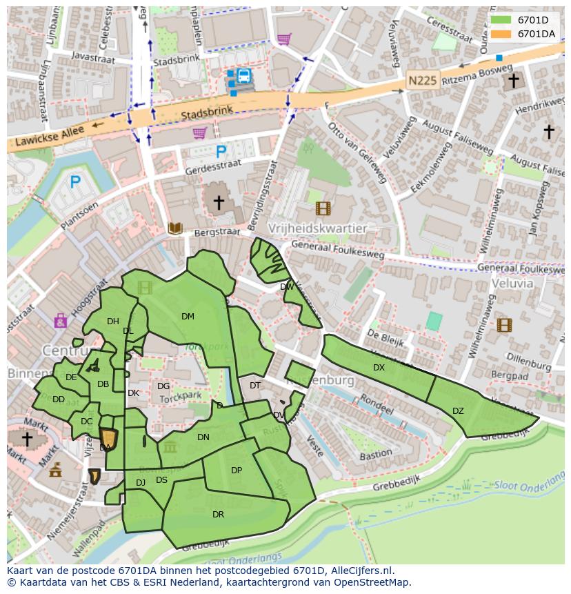 Afbeelding van het postcodegebied 6701 DA op de kaart.