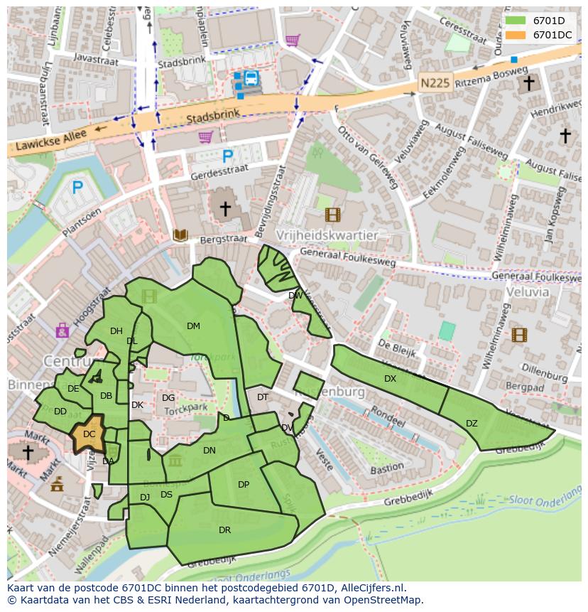 Afbeelding van het postcodegebied 6701 DC op de kaart.