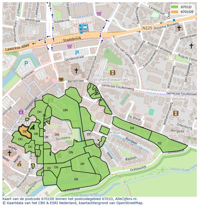 Afbeelding van het postcodegebied 6701 DE op de kaart.