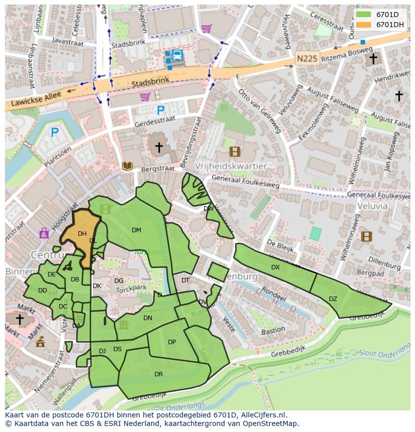 Afbeelding van het postcodegebied 6701 DH op de kaart.