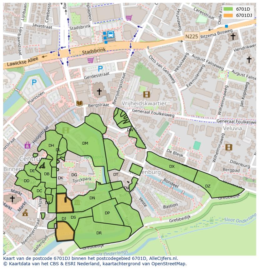 Afbeelding van het postcodegebied 6701 DJ op de kaart.