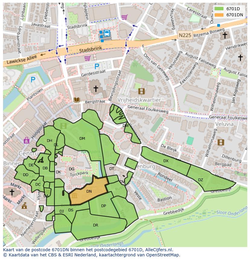 Afbeelding van het postcodegebied 6701 DN op de kaart.