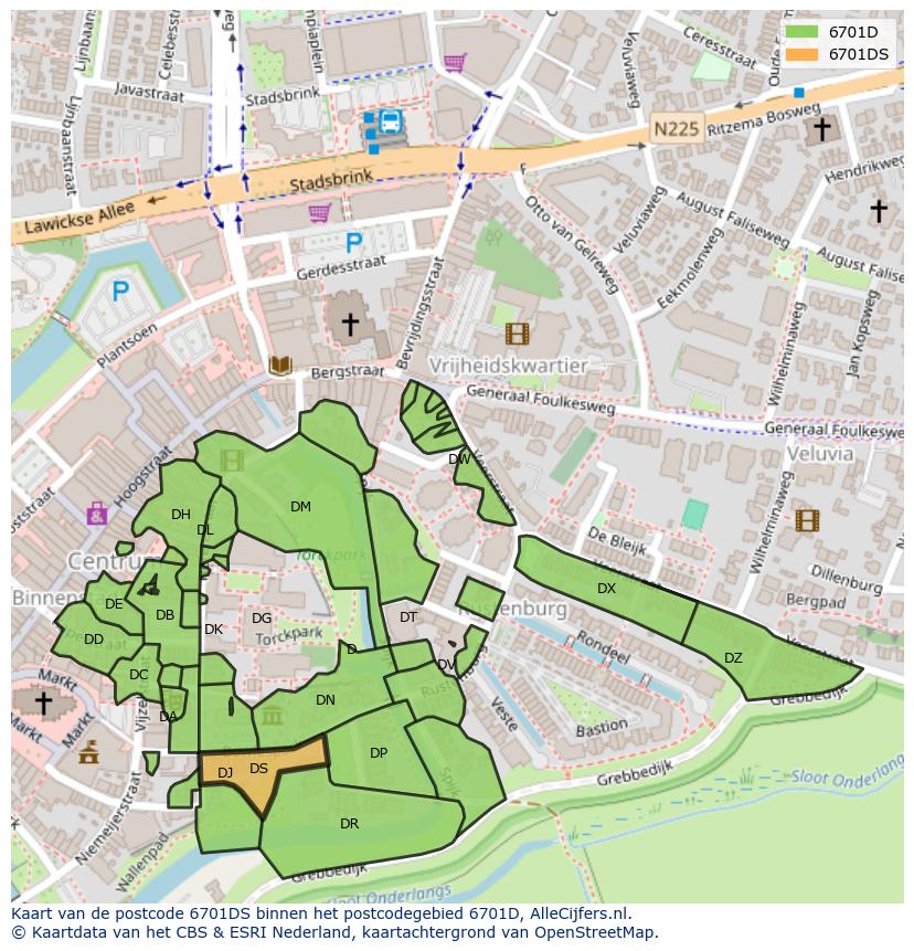 Afbeelding van het postcodegebied 6701 DS op de kaart.
