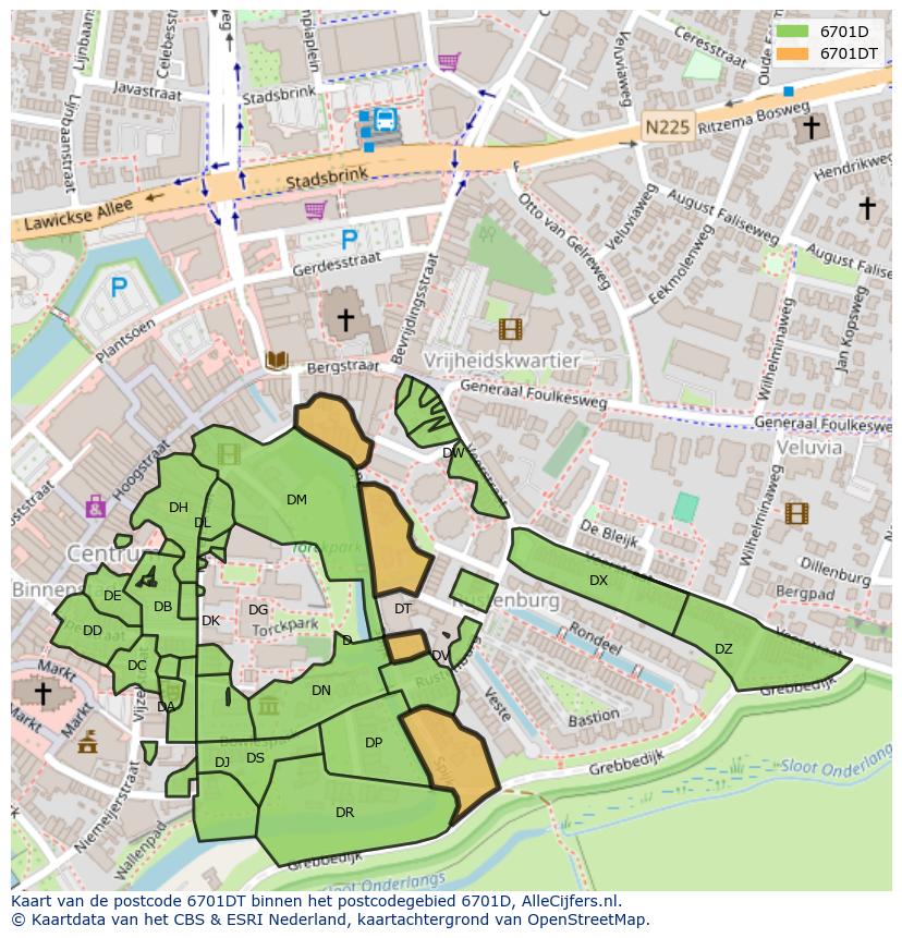 Afbeelding van het postcodegebied 6701 DT op de kaart.