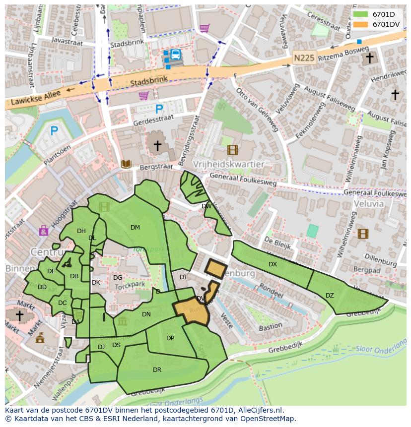 Afbeelding van het postcodegebied 6701 DV op de kaart.
