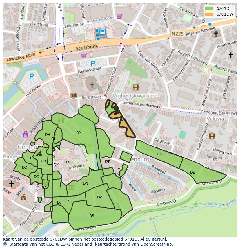 Afbeelding van het postcodegebied 6701 DW op de kaart.