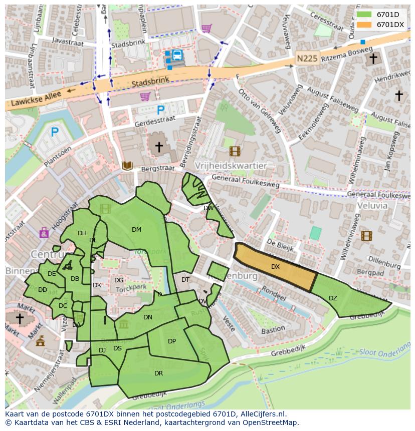 Afbeelding van het postcodegebied 6701 DX op de kaart.