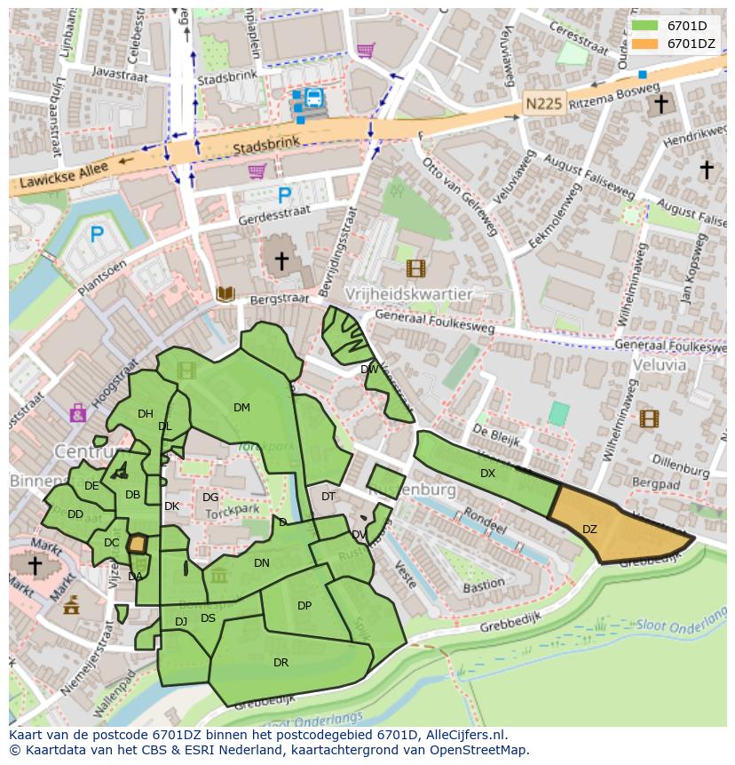 Afbeelding van het postcodegebied 6701 DZ op de kaart.