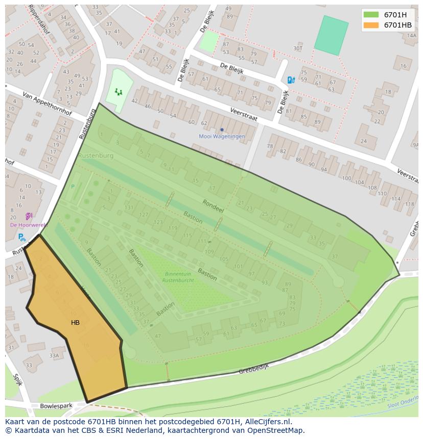 Afbeelding van het postcodegebied 6701 HB op de kaart.