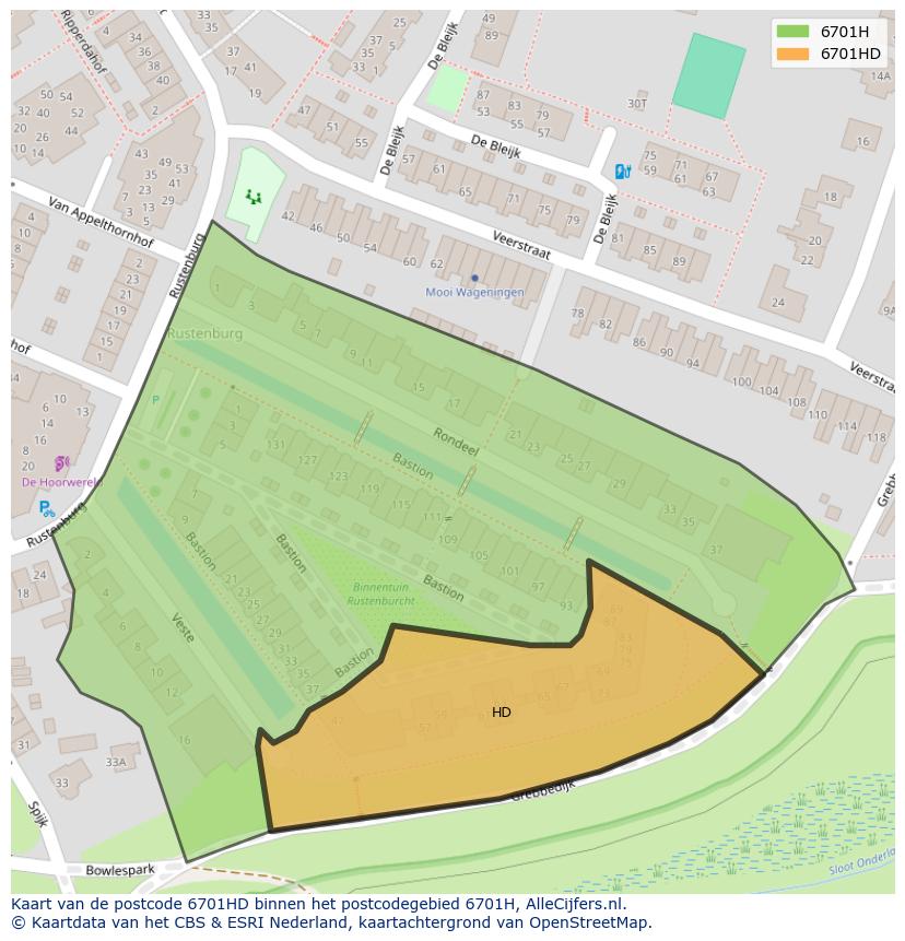 Afbeelding van het postcodegebied 6701 HD op de kaart.