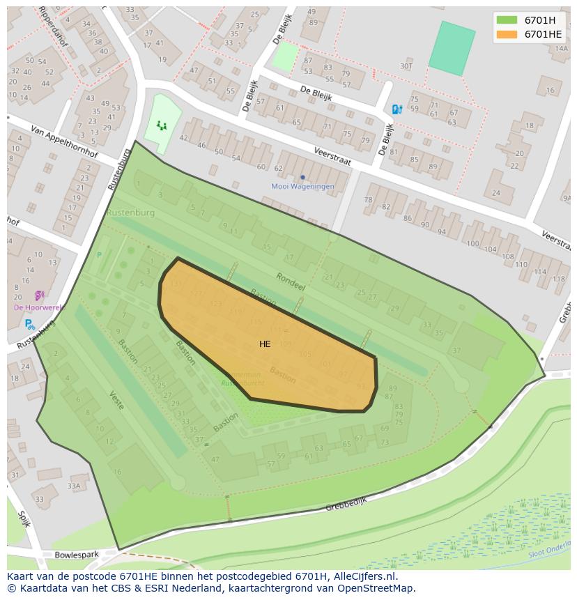 Afbeelding van het postcodegebied 6701 HE op de kaart.