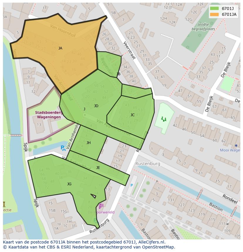 Afbeelding van het postcodegebied 6701 JA op de kaart.