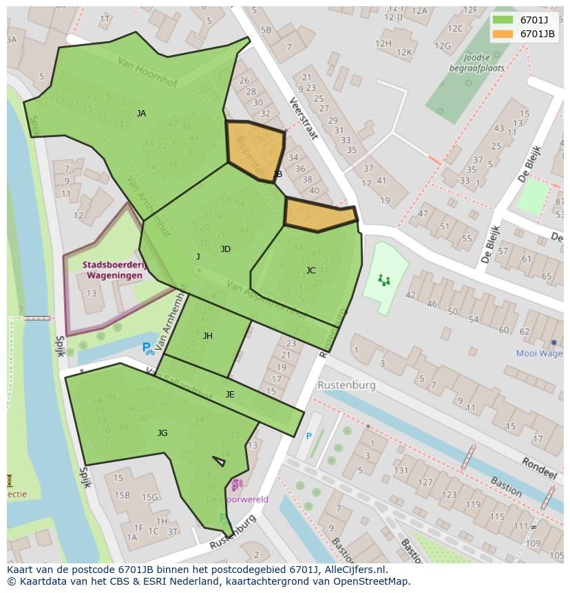Afbeelding van het postcodegebied 6701 JB op de kaart.