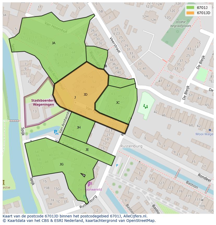 Afbeelding van het postcodegebied 6701 JD op de kaart.