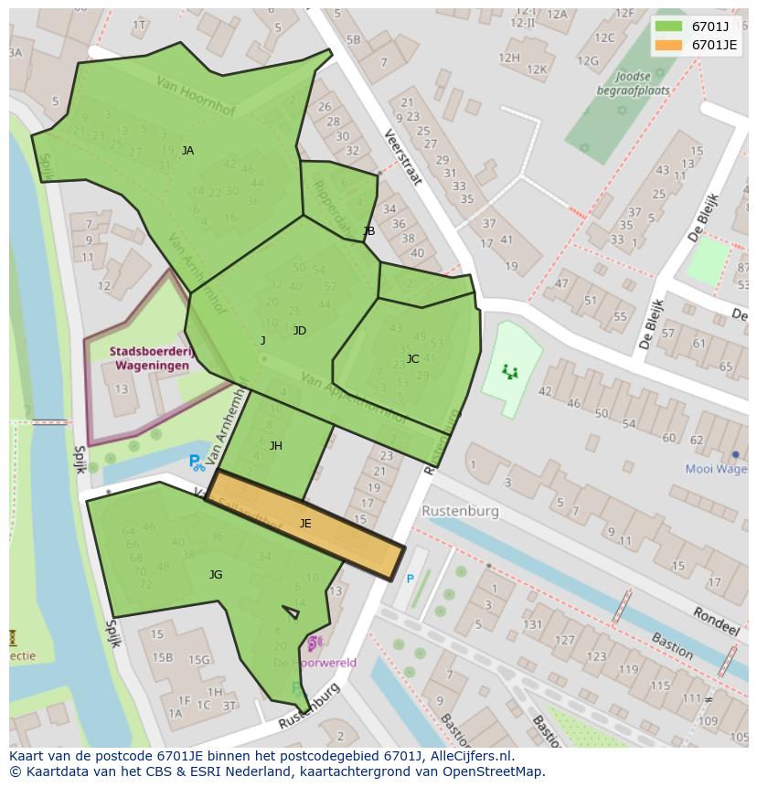 Afbeelding van het postcodegebied 6701 JE op de kaart.