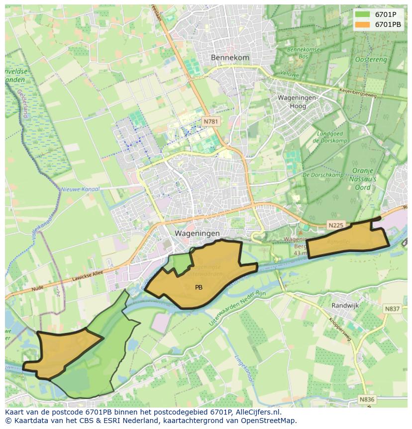 Afbeelding van het postcodegebied 6701 PB op de kaart.