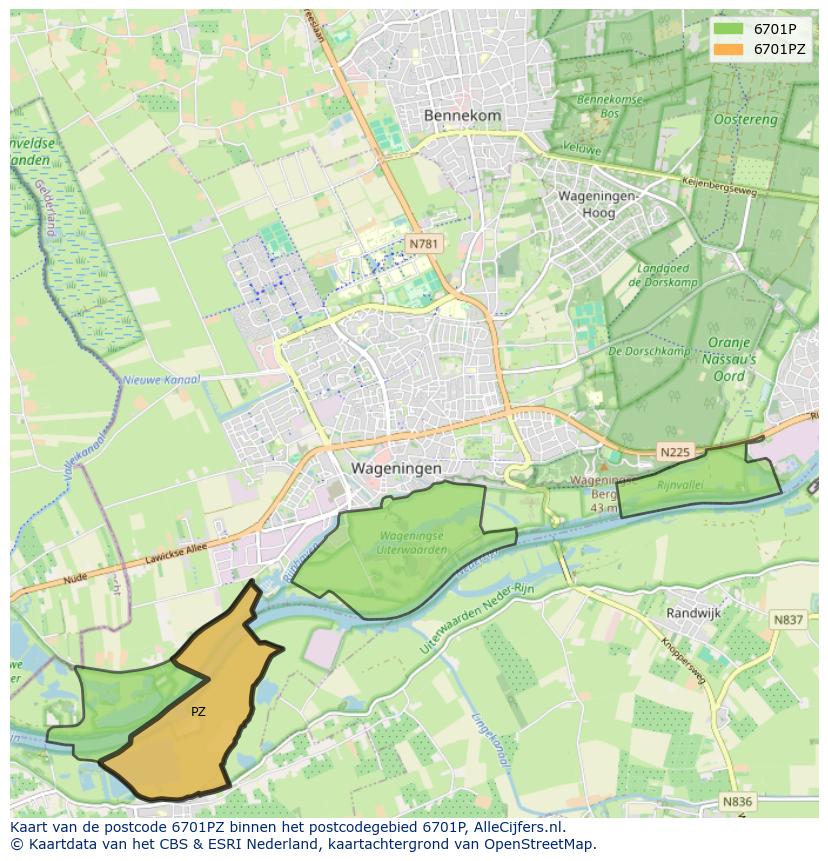 Afbeelding van het postcodegebied 6701 PZ op de kaart.