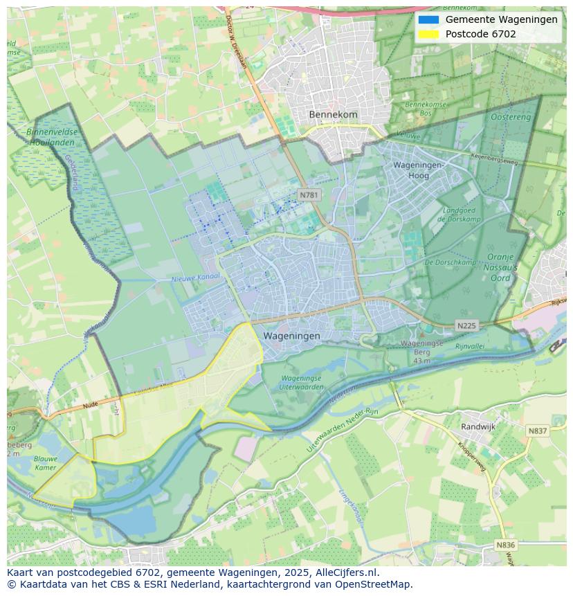 Afbeelding van het postcodegebied 6702 op de kaart.