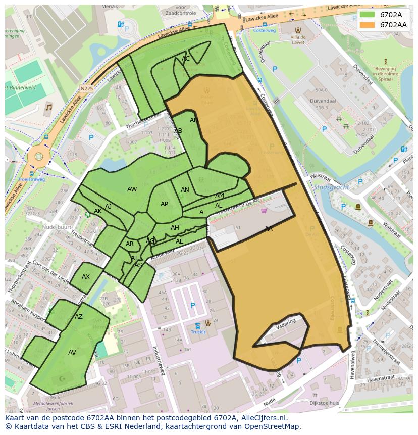 Afbeelding van het postcodegebied 6702 AA op de kaart.
