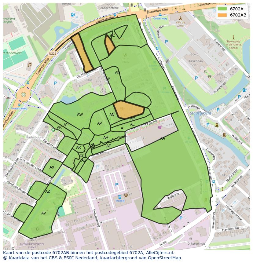 Afbeelding van het postcodegebied 6702 AB op de kaart.