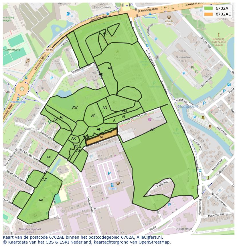 Afbeelding van het postcodegebied 6702 AE op de kaart.