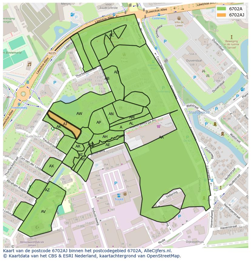Afbeelding van het postcodegebied 6702 AJ op de kaart.