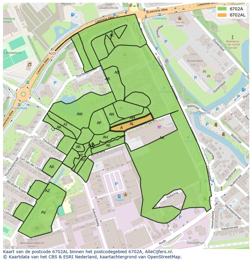 Afbeelding van het postcodegebied 6702 AL op de kaart.