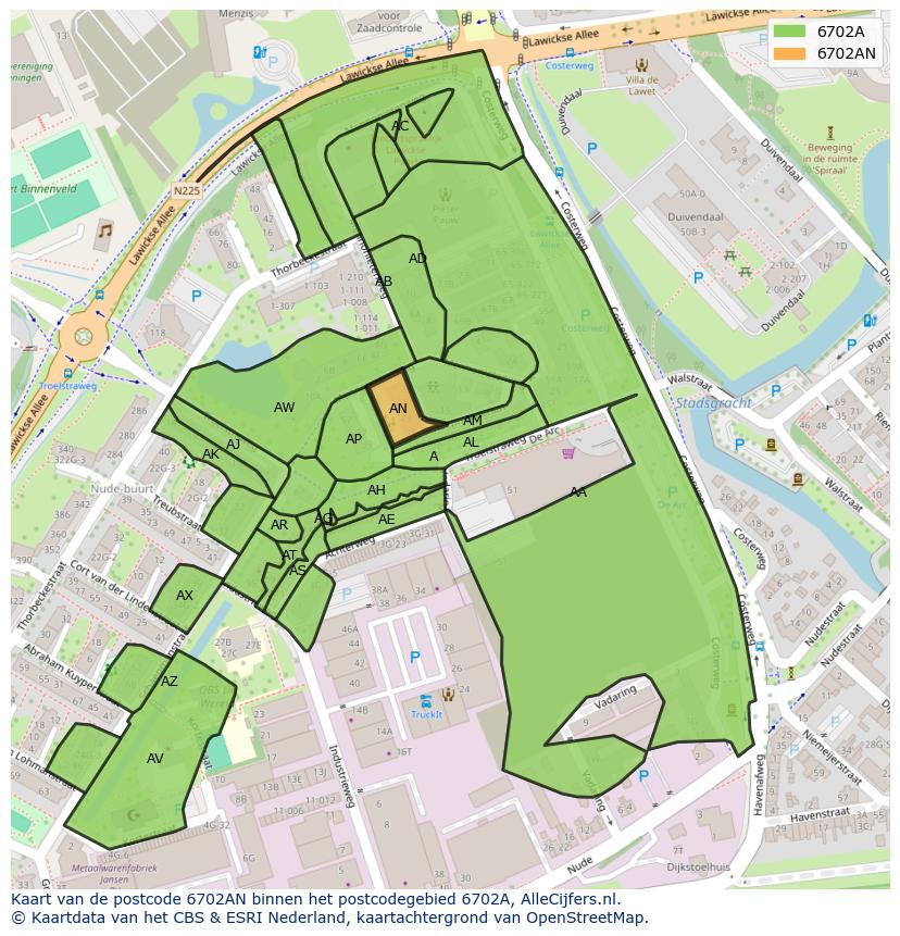 Afbeelding van het postcodegebied 6702 AN op de kaart.