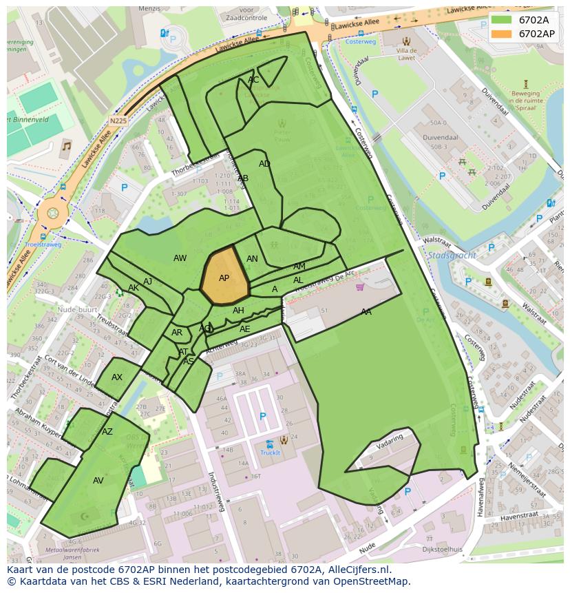 Afbeelding van het postcodegebied 6702 AP op de kaart.