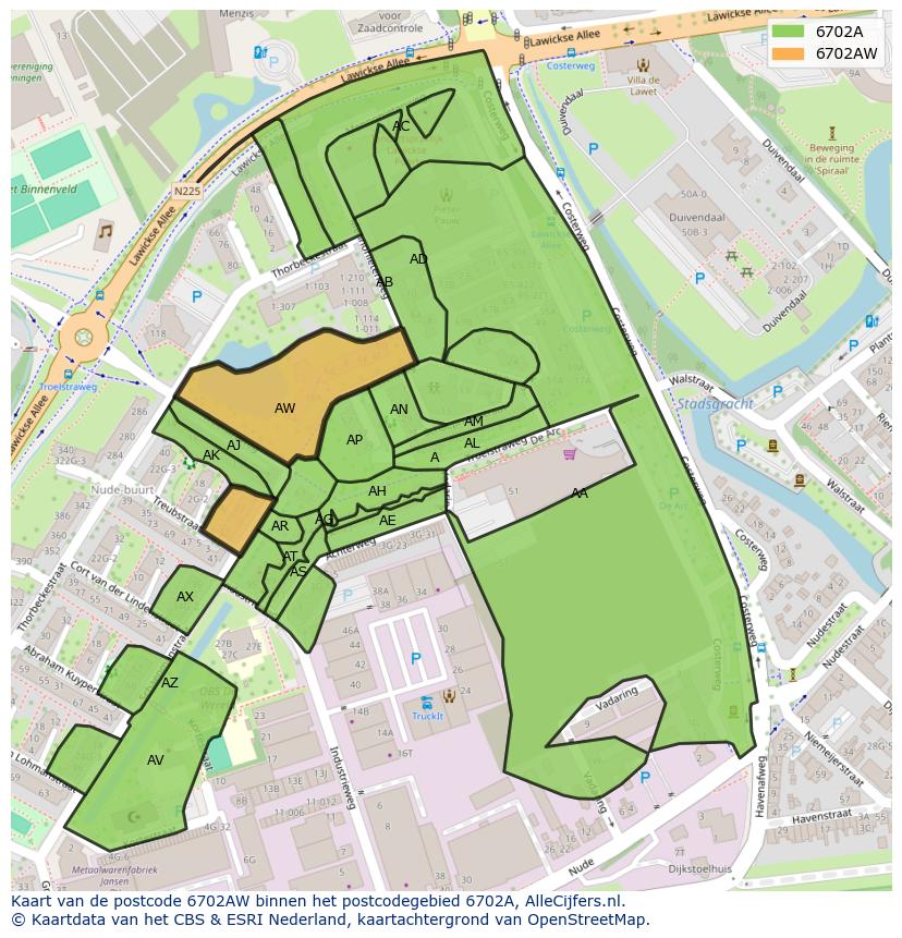 Afbeelding van het postcodegebied 6702 AW op de kaart.