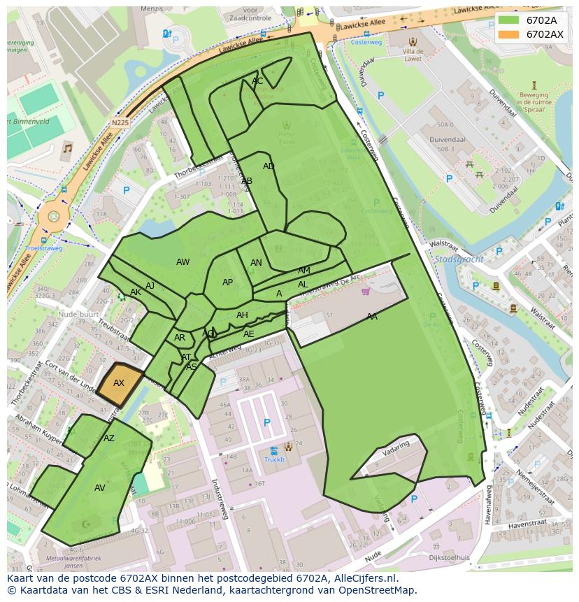 Afbeelding van het postcodegebied 6702 AX op de kaart.