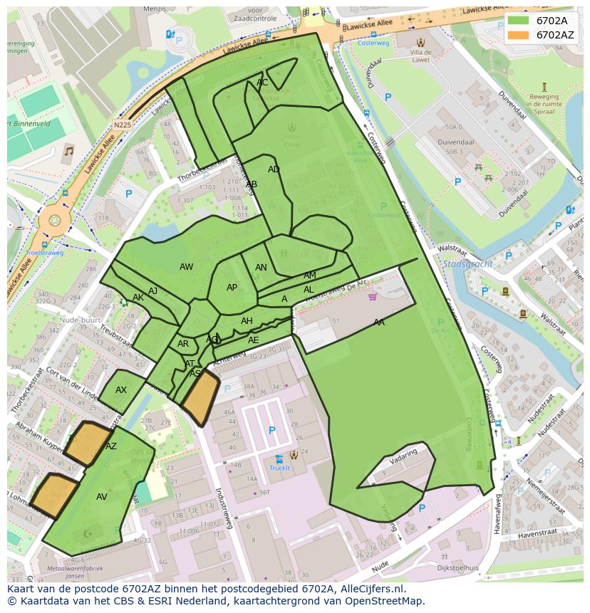 Afbeelding van het postcodegebied 6702 AZ op de kaart.