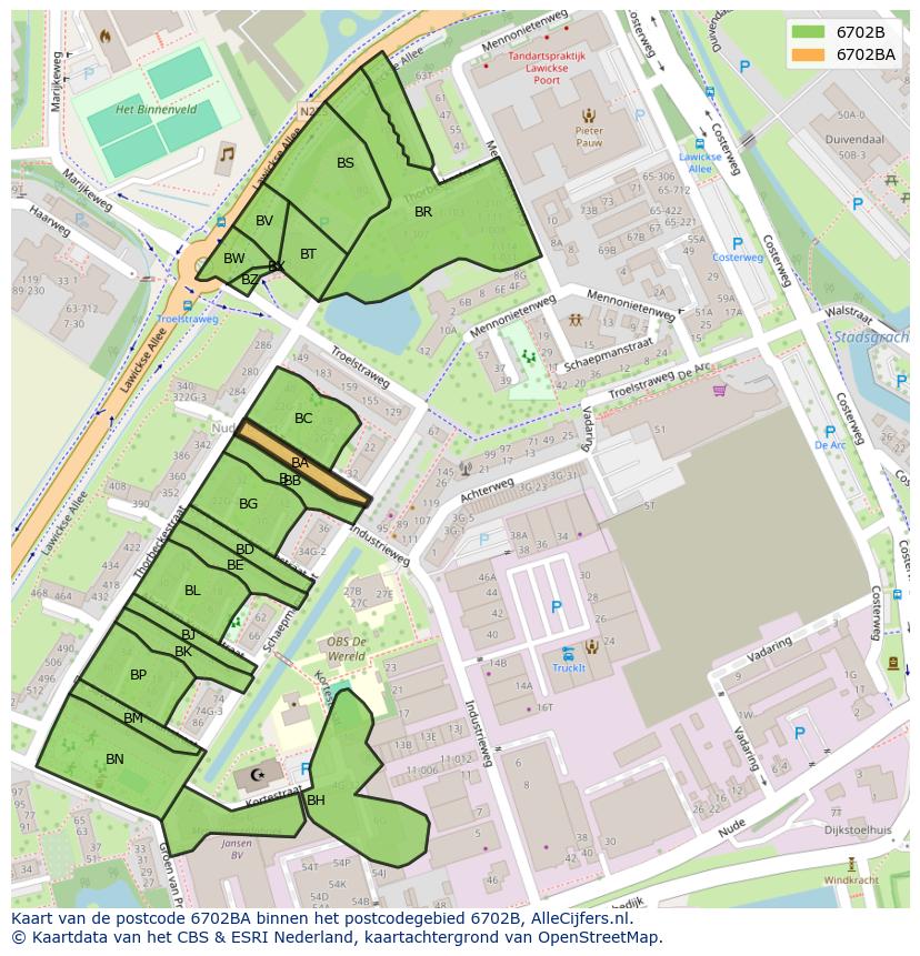 Afbeelding van het postcodegebied 6702 BA op de kaart.