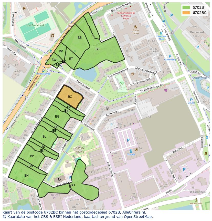 Afbeelding van het postcodegebied 6702 BC op de kaart.