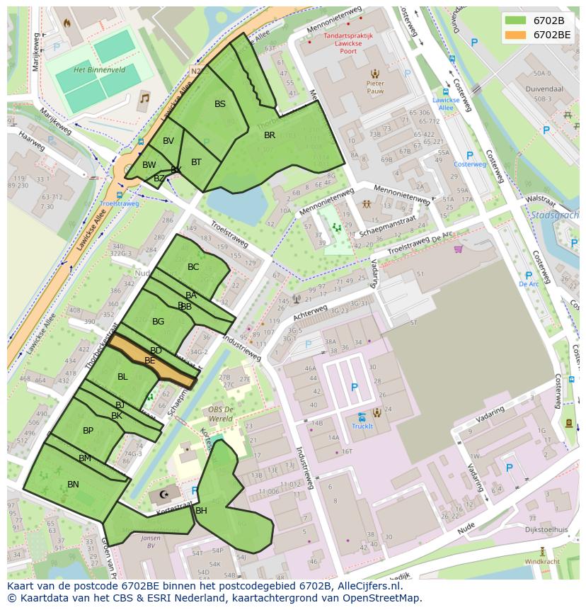 Afbeelding van het postcodegebied 6702 BE op de kaart.