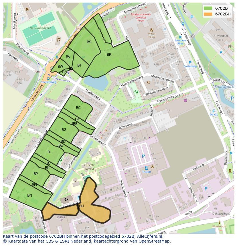 Afbeelding van het postcodegebied 6702 BH op de kaart.