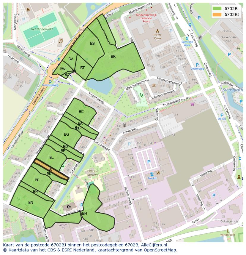 Afbeelding van het postcodegebied 6702 BJ op de kaart.
