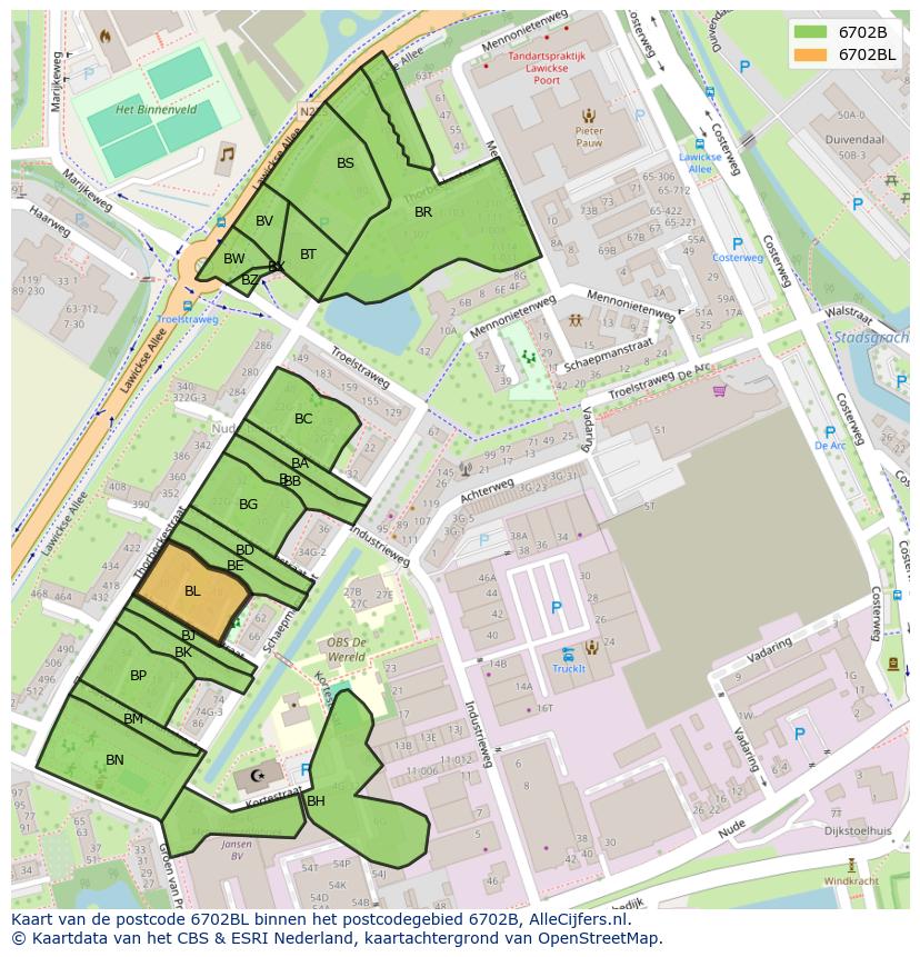 Afbeelding van het postcodegebied 6702 BL op de kaart.