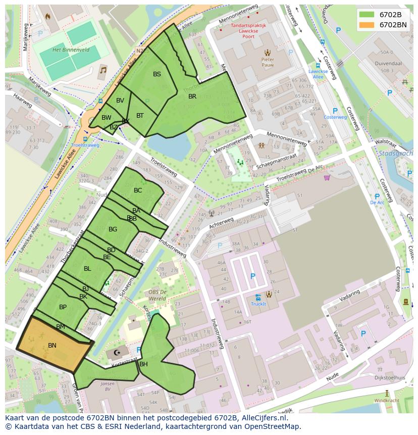 Afbeelding van het postcodegebied 6702 BN op de kaart.
