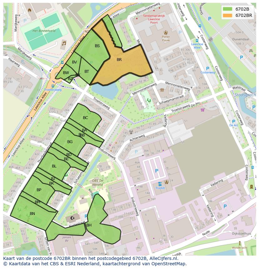 Afbeelding van het postcodegebied 6702 BR op de kaart.