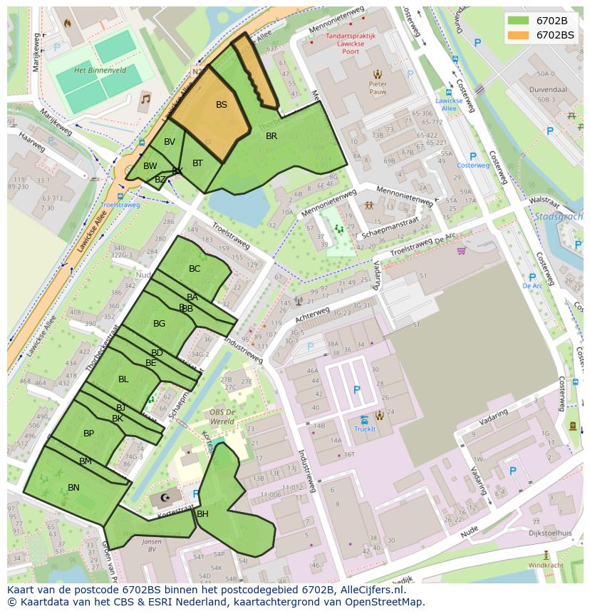 Afbeelding van het postcodegebied 6702 BS op de kaart.