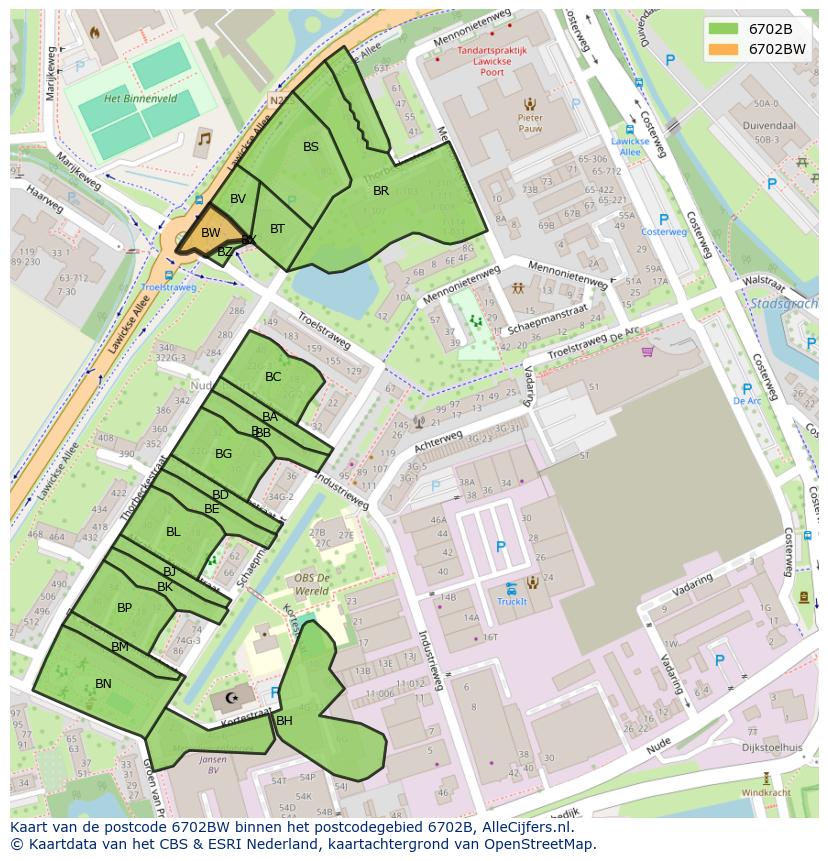 Afbeelding van het postcodegebied 6702 BW op de kaart.
