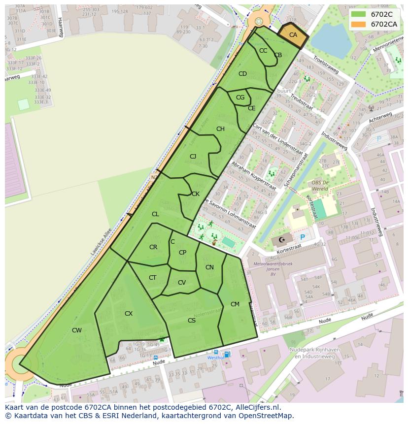 Afbeelding van het postcodegebied 6702 CA op de kaart.