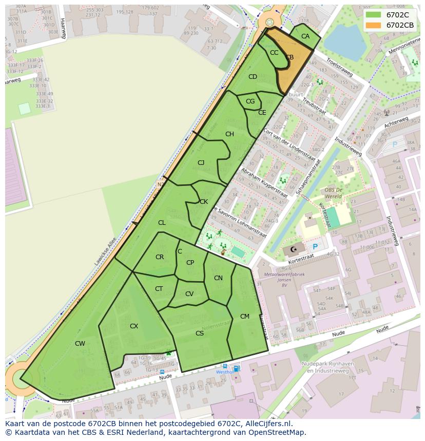 Afbeelding van het postcodegebied 6702 CB op de kaart.