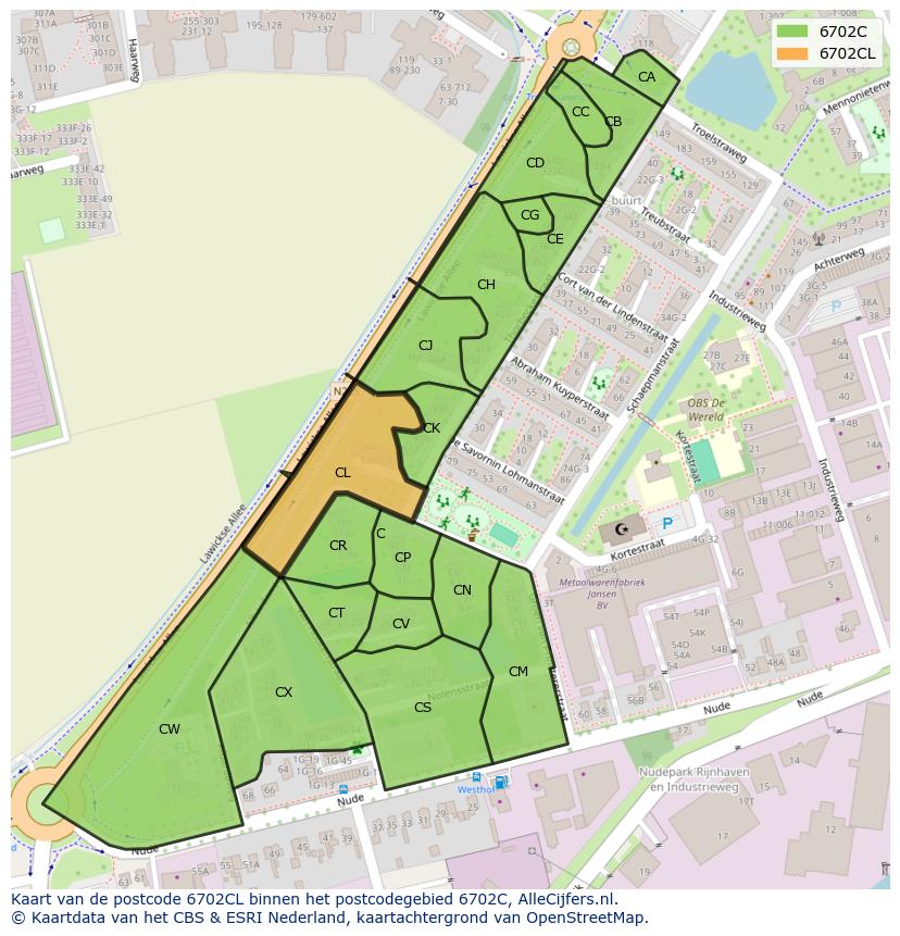 Afbeelding van het postcodegebied 6702 CL op de kaart.
