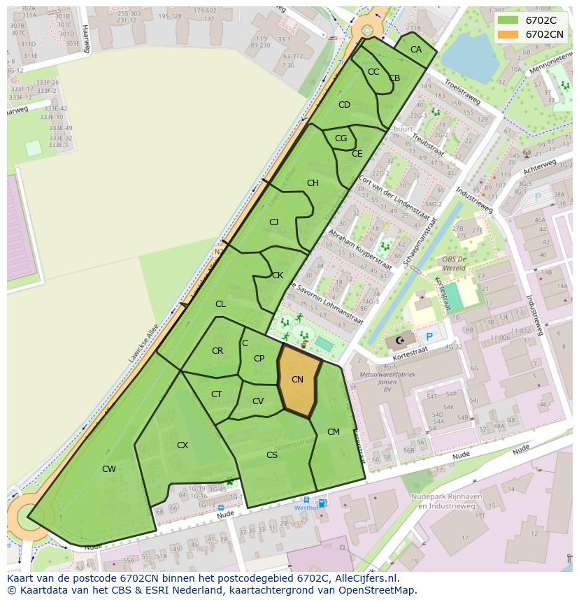 Afbeelding van het postcodegebied 6702 CN op de kaart.