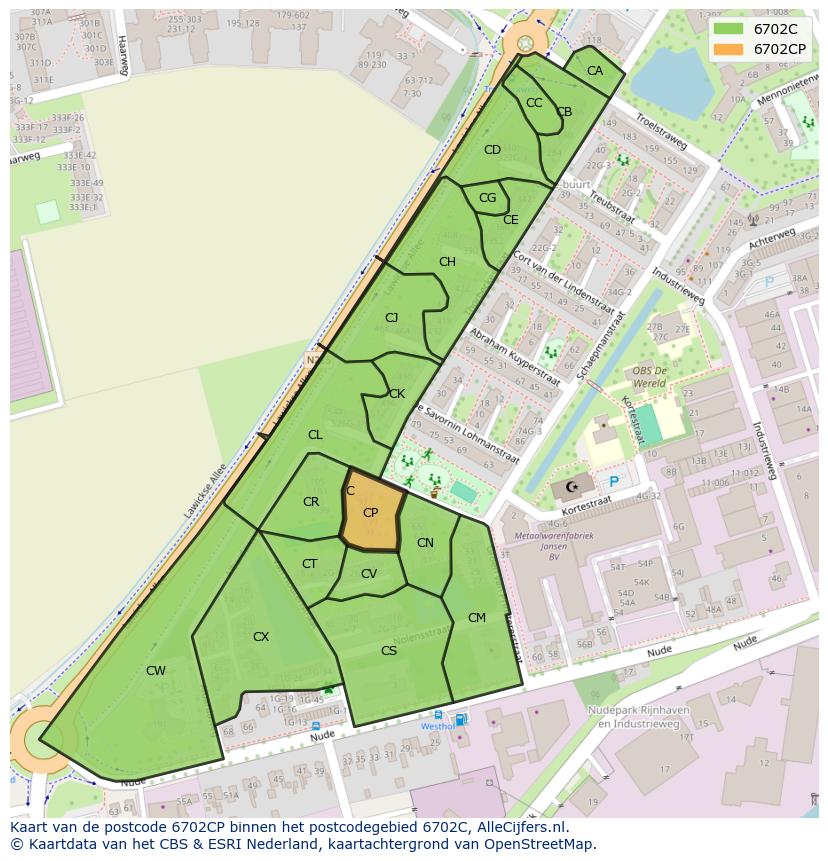 Afbeelding van het postcodegebied 6702 CP op de kaart.
