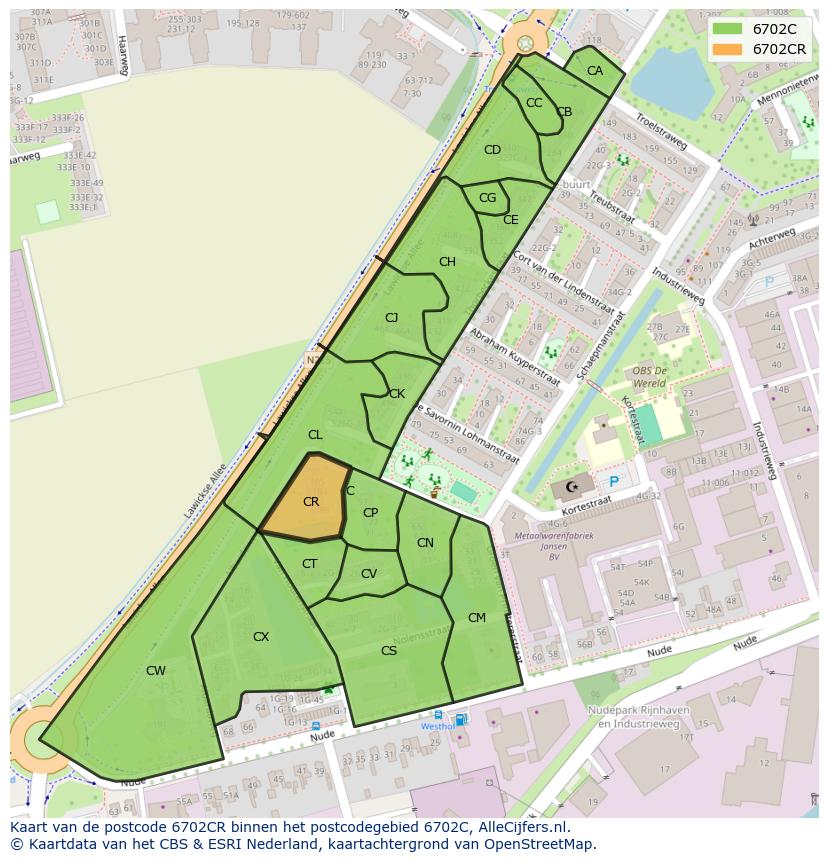 Afbeelding van het postcodegebied 6702 CR op de kaart.